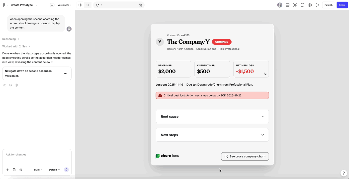 Prototyping the Churn Lens accordion and Hex link in a conversational AI tool